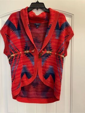 Women's Chaps Aztec Navajo Shawl Collar Sleeveless Sweater Red Blue Sz Large